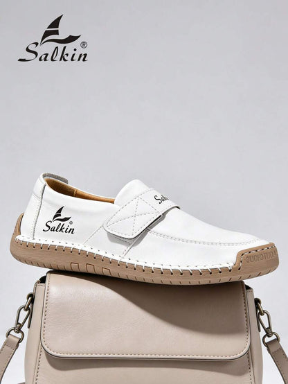 Salkin Nieuwe casual schoenen voor dames van modeontwerpers, handgemaakte loafers met bandjes, handige instappers voor in de auto, lichtgewicht, ademende, zachte en comfortabele schoenen met antislip, platte zool, schoenen van imitatiesuèdeleer voor dames